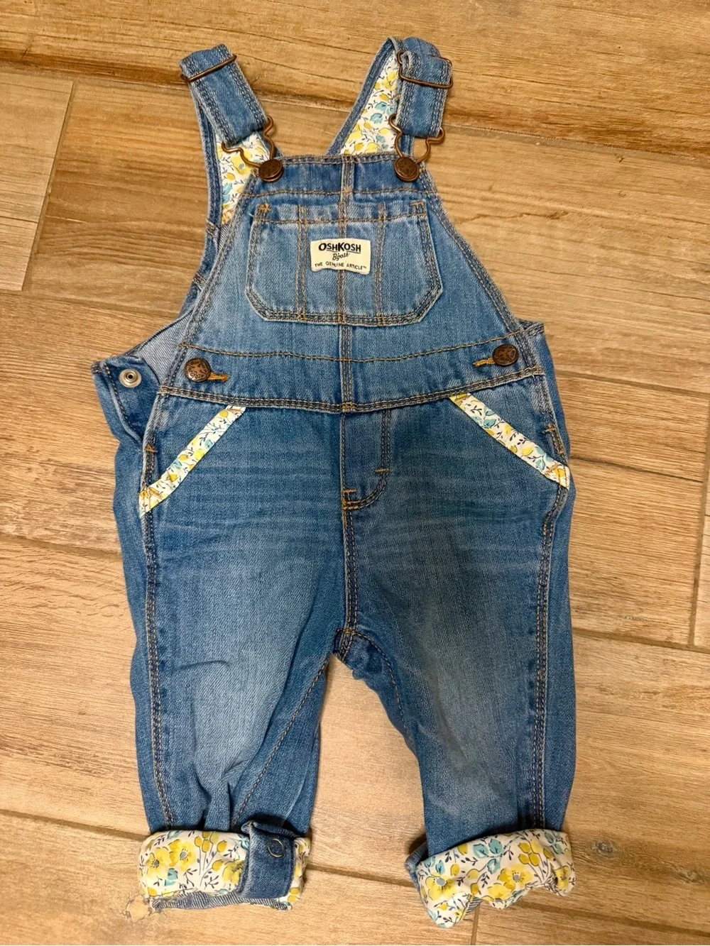 OshKosh B'gosh Blue Denim Overalls with Yellow Floral Trim